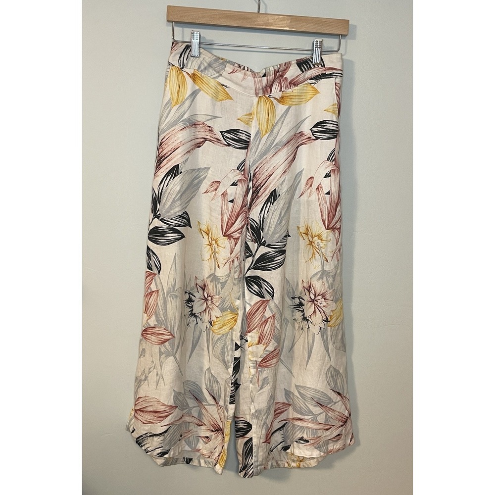C&C California Womens Sz Small 100% LINEN Floral Cropped Wide Leg Pants Trouser